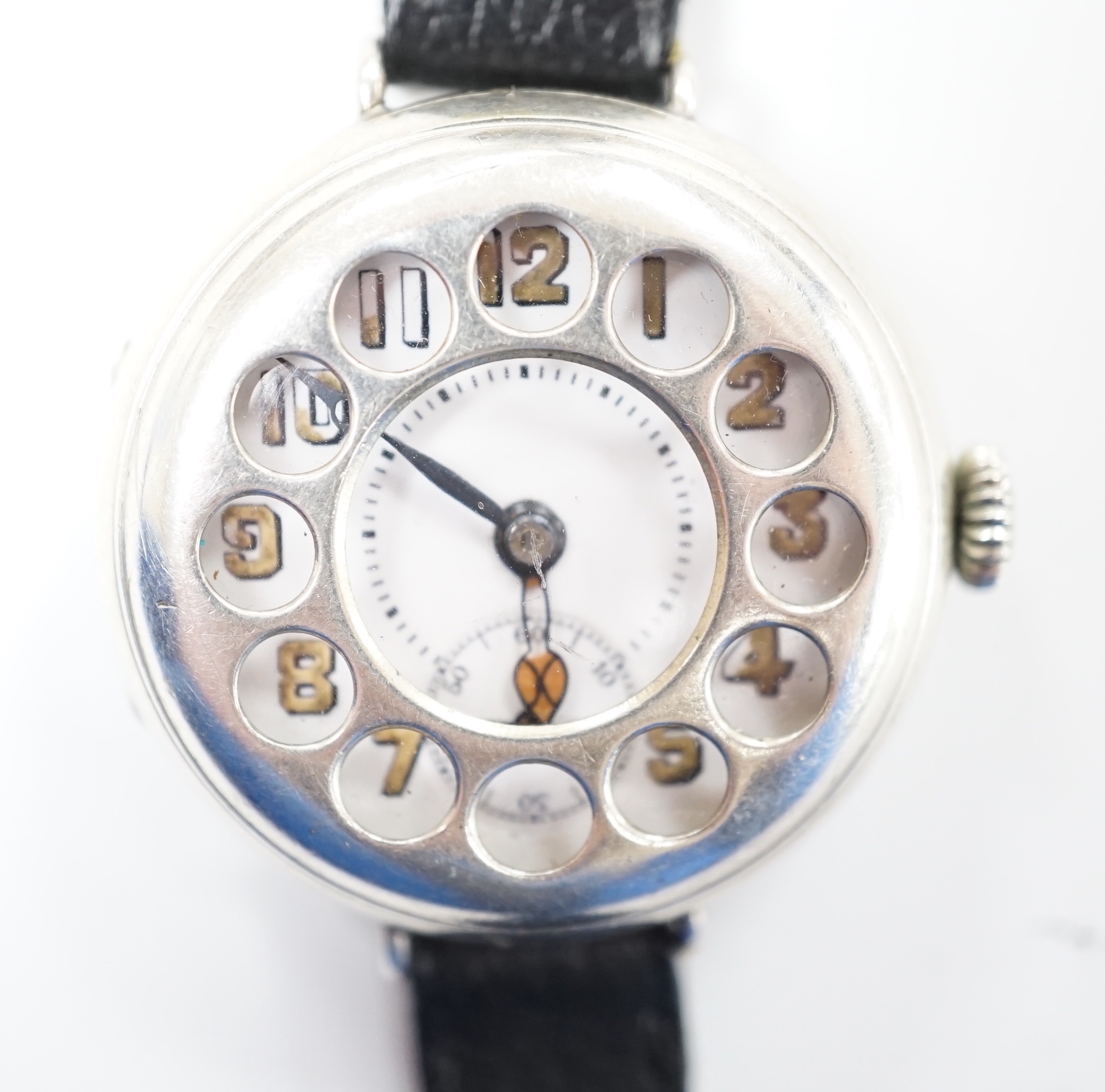 A gentleman's continental 800 standard white metal manual wind WW1 trench wrist watch, with 'telephone dial' cover, on later associated strap.